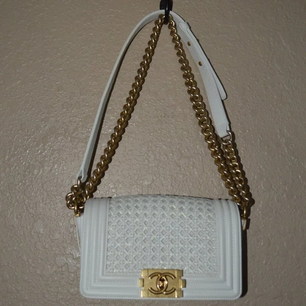 Chanel White Braided Leather Boy Bag Chain Strap Crossbody Shoulder Handbag